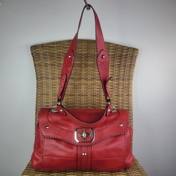 Oryany Red Pebbled Leather Shoulder Bag Satchel Purse Handbag Stud Accent - Picture 2 of 16